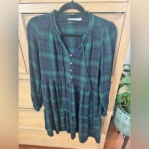 LOFT Green and Navy Plaid Tiered Dress